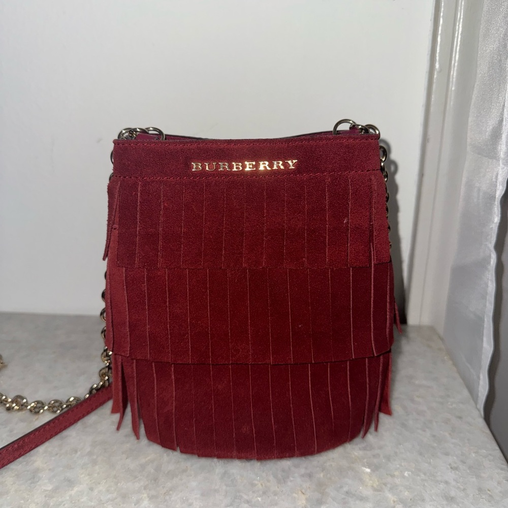 Burberry Red Suede Fringe Crossbody Bag with Gold Logo